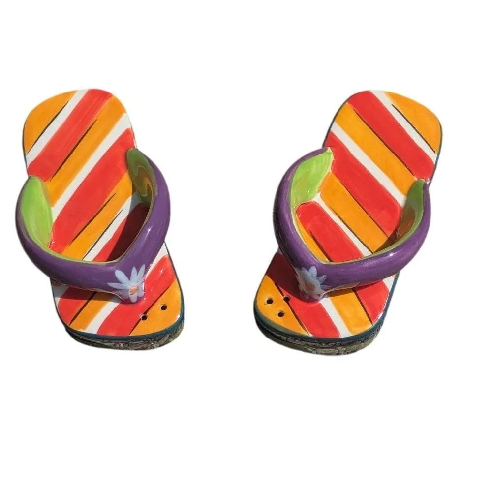 Clay Art Flip Flops Salt and Pepper Shaker Set Striped Beach Summer Decor